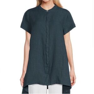 Bryn Walker Willa Tunic 100% Linen Blouse Size S Blue Button Up‎ Lagenlook Top
